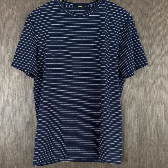 Theory Men's Short Sleeve Navy and White Striped Tee - Picture 1 of 2